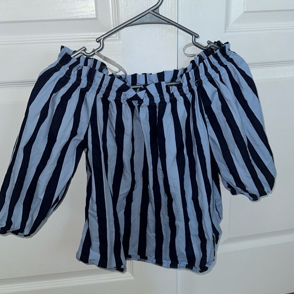 Women’s off the shoulder, navy blue bubble sleeve blouse